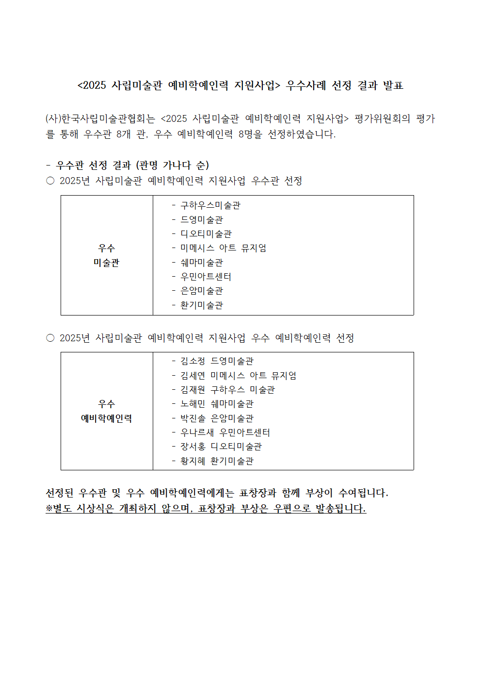 2025 사립미술관 예비학예인력 지원사업 우수관·우수인력 선정 결과 발표문_수정001.png